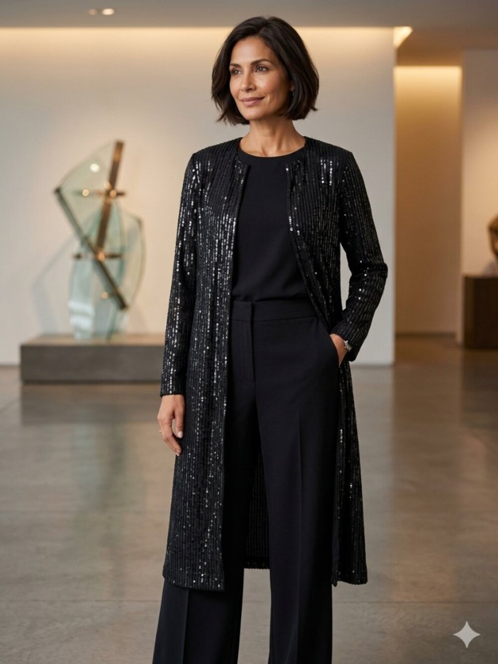 Anne Klein Black Sequin Long Cardigan